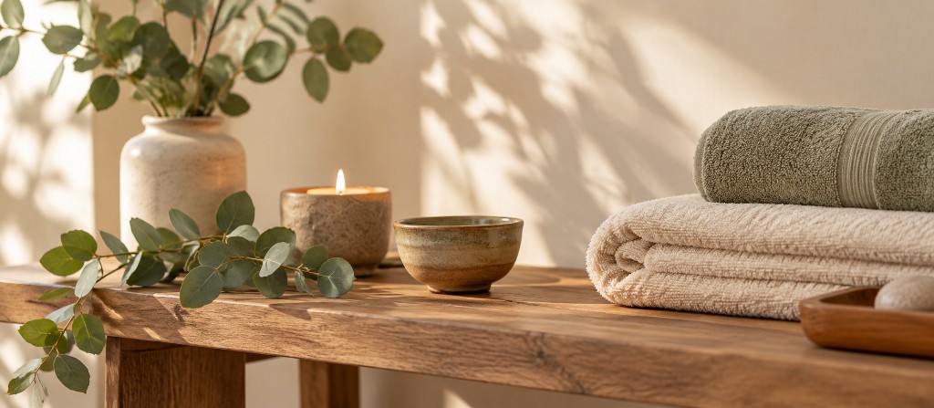 Folded towels, a candle, and greenery on a wooden table