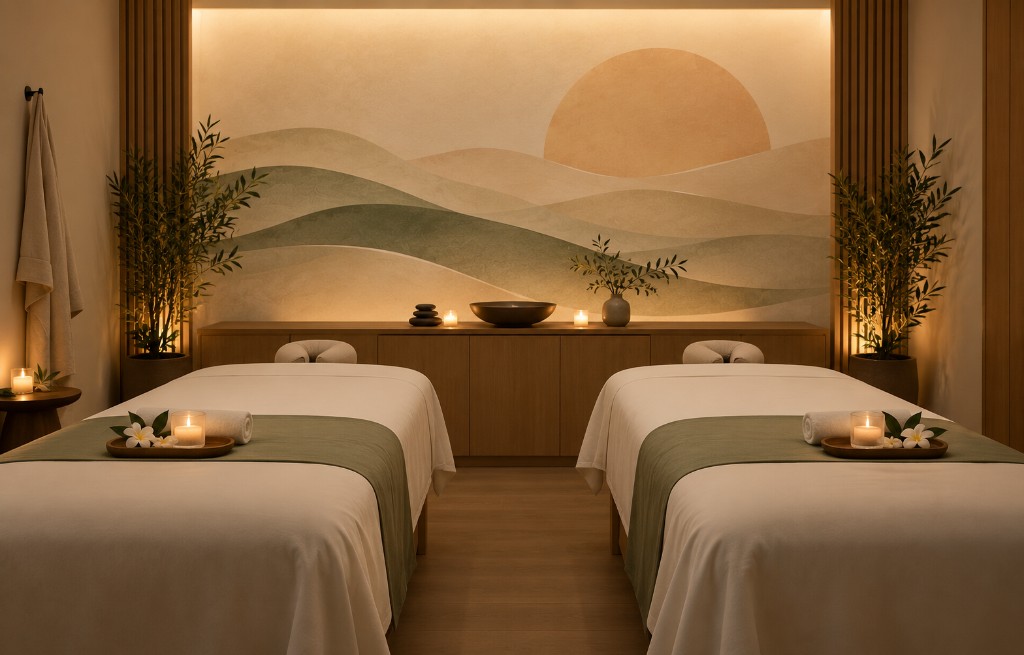 Couples massage room with two treatment tables