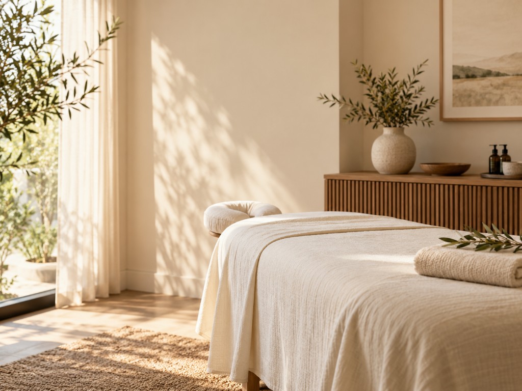 Warm sunlit massage treatment room at Massage Essence in Costa Mesa